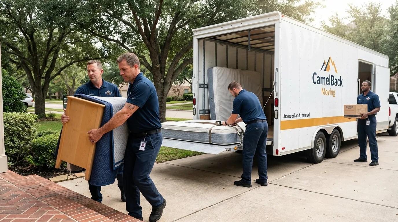 Crew loading residential truck for cross-state move from Decatur, AR