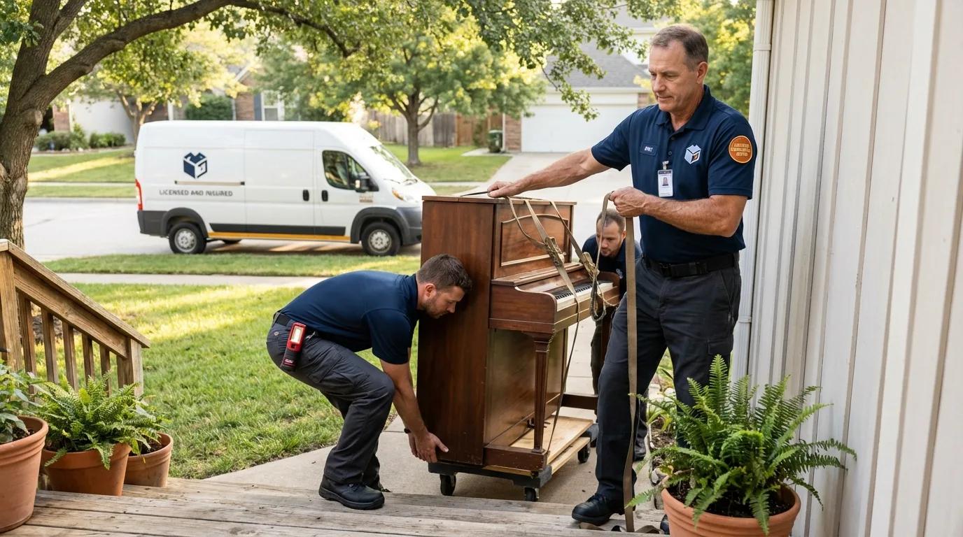 Licensed piano movers securing grand piano in Decatur, AR