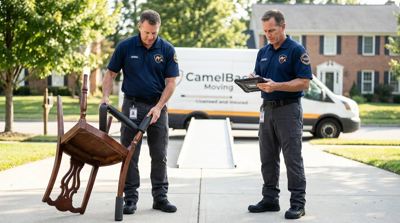 Movers inspecting furniture for damage prevention before loading in Decatur, AR