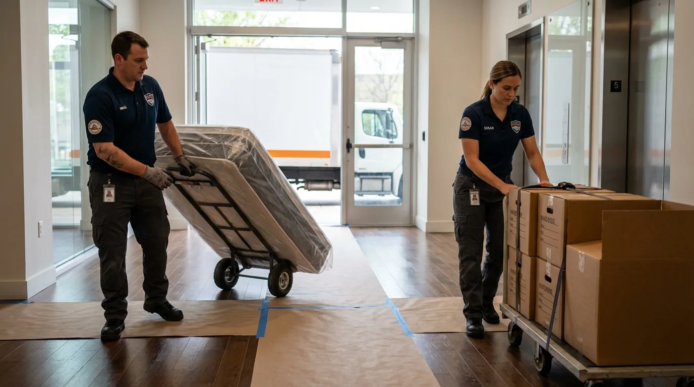 Professional apartment movers loading elevator in Decatur, AR