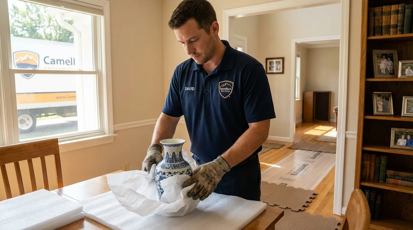 Professional crew carefully wrapping antique vase for senior downsizing move in Decatur, AR